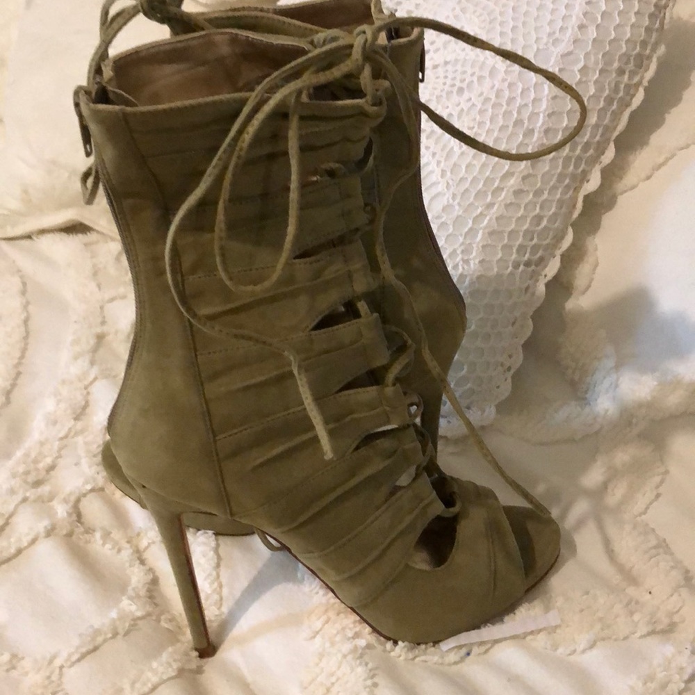 High heel zip up sandal style boots